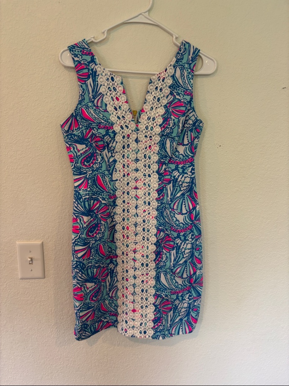 Lilly Pulitzer Blue & Pink Printed Shift Dress with Beautiful Crochet Panel
